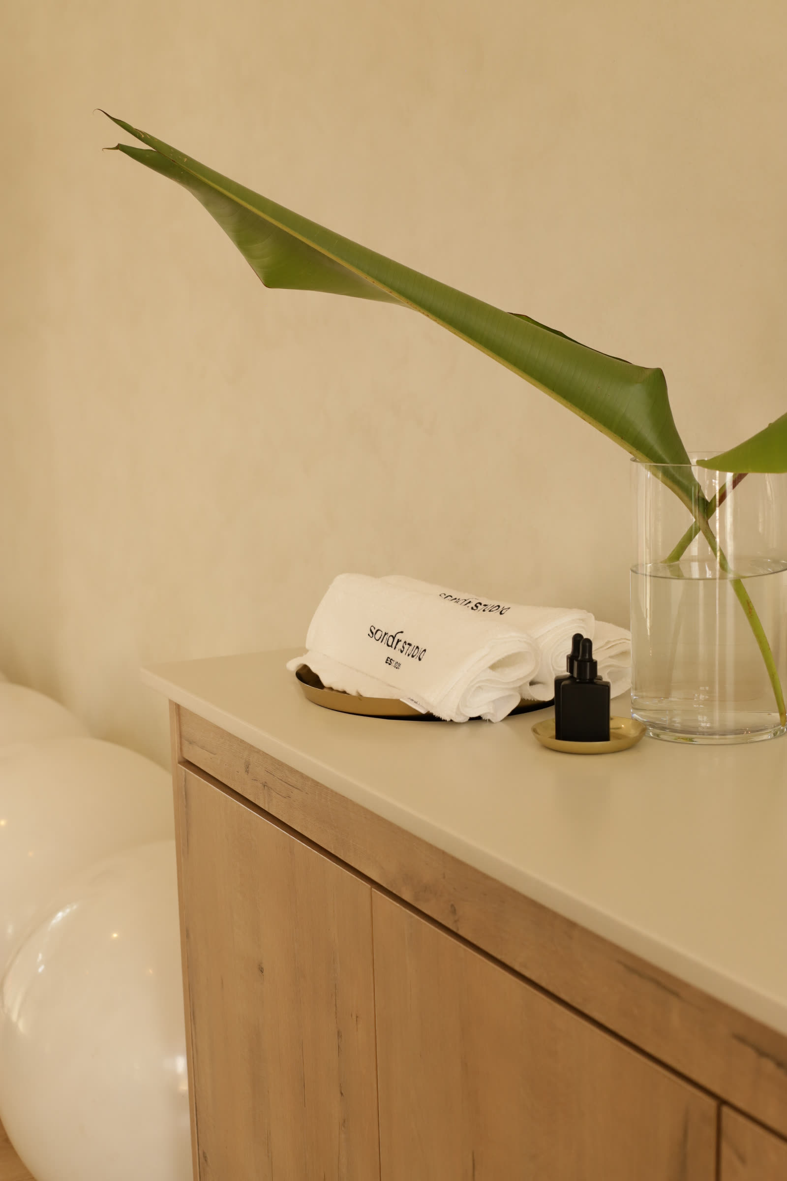 Amenities counter with fresh greenery